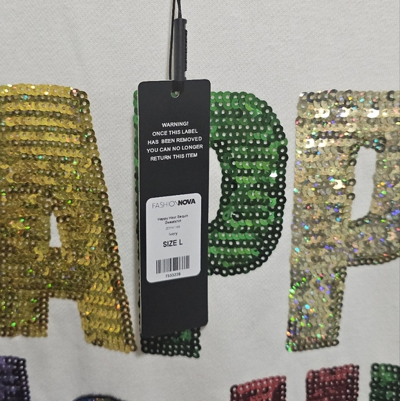 Fashion Nova Sequin Happy Hour Sweatshirt Ivory Size L Colorful Rainbow Holiday - Picture 3 of 7